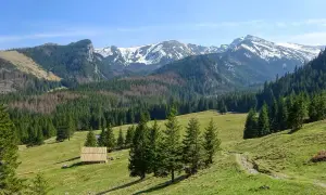Piękne **zakopane góry** z ośnieżonymi szczytami, zielonymi dolinami i lasami. W oddali widać drewniany szałas.