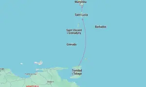 Mapa Karaibów z zaznaczoną trasą żeglugową. Widoczna Martynika, Saint Lucia, Grenada, Trynidad i Tobago oraz wybrzeże Wenezueli.
