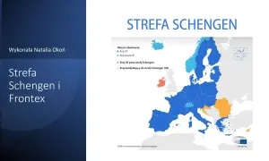 Mapa Europy z zaznaczoną strefą Schengen. Lista państw członkowskich i kandydujących.