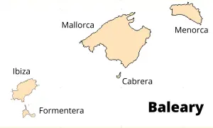 Baleary: jakie wyspy? Mapa pokazuje Majorkę, Minorkę, Ibizę, Formenterę i Cabrerę.