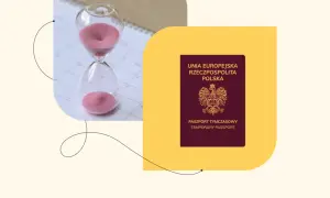 Kiedy zastanawiasz się, ile kosztuje paszport tymczasowy, widzisz klepsydrę i polski paszport.