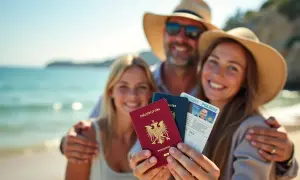 Rodzina na plaży trzyma paszporty. Czy do Hiszpanii potrzebny jest paszport? Tak, jeśli podróżujesz spoza strefy Schengen.