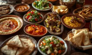 Bogaty stół z różnorodnymi **meze**: hummus, sałatki, pieczone warzywa, chleb i inne smakołyki.