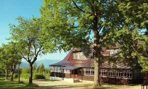 Schronisko Soszów wita turystów w otoczeniu zieleni. Drewniany budynek z brązowym dachem i licznymi oknami, otoczony przez drzewa, zaprasza do odpoczynku.