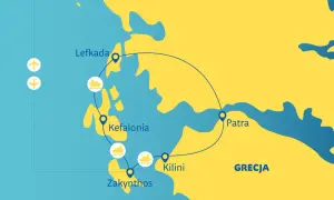 Mapa Grecji z zaznaczonymi wyspami Eptanisa: Lefkada, Kefalonia, Zakynthos, Kilini i Patra.