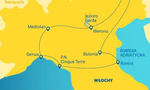 Mapa regionów Włoch: Mediolan, Genua, Cinque Terre, Bolonia, Werona, Jezioro Garda, Rimini i Riwiera Adriatycka.