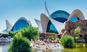Oceanogràfic w Walencji z flamingami i innymi ptakami przy wodzie.