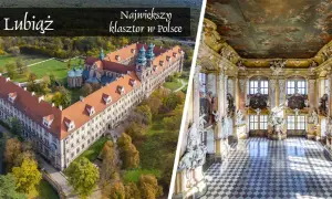 Imponujący zamek Lubiąż, największy klasztor w Polsce, widziany z lotu ptaka, oraz jego barokowe wnętrza.