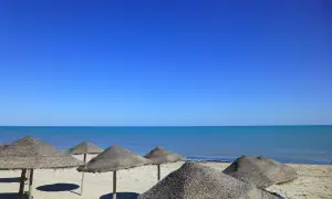Słoneczna plaża na Djerbie w kwietniu. Puste parasole z trawy na piasku, turkusowe morze i bezchmurne niebo.