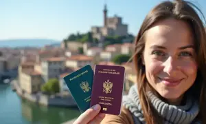 Uśmiechnięta kobieta trzyma paszporty na tle włoskiego miasta. Czy do Włoch potrzebny jest paszport? Tak, jeśli podróżujesz spoza strefy Schengen.