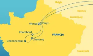 Mapa Francji z zaznaczonymi trasami do zamków nad Loarą: Wersal, Paryż, Chambord, Chenonceaux, Cheverny.