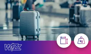 Szara walizka na lotnisku. Ikony symbolizują wymiary i wagę bagażu podręcznego.