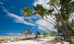 Rajska plaża na Zanzibarze z palmami i leżakami. Zastanawiasz się, ile się leci na Zanzibar? To podróż marzeń!