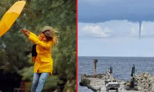 Silny wiatr nad morzem, z kobietą walczącą z parasolką i trąbą powietrzną na horyzoncie. To najbardziej wiarygodna pogoda nad morzem.