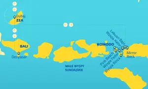 Mapa podróży po Indonezji: loty z Dubaju na Bali, a następnie do Komodo i na Małe Wyspy Sundajskie.