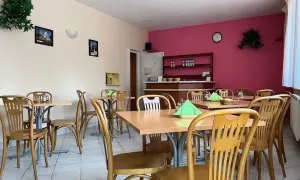 Wnętrze restauracji z drewnianymi stołami i krzesłami, różową ścianą i zielonymi roślinami.
