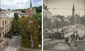 Porównanie współczesnego i historycznego rynku podgórskiego. W tle kościół św. Józefa, a na pierwszym planie tramwaje i tłum ludzi.