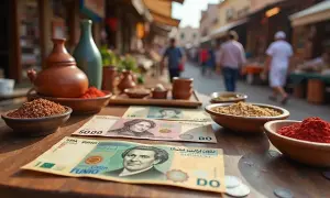 Na stole leżą banknoty, które mogą być tunezyjską walutą, obok miseczek z przyprawami i ziarnami.