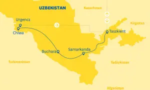 Mapa pokazuje trasę wycieczki po Uzbekistanie: z Chiwy przez Bucharę i Samarkandę do Taszkentu.