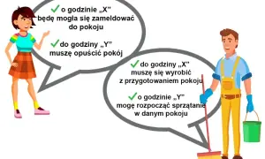 Kobieta pyta, jak liczyć noclegi: od której godziny meldowanie, do której wymeldowanie. Mężczyzna odpowiada o przygotowaniu pokoju i sprzątaniu.