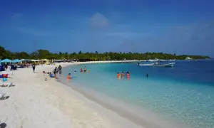 Idealne wenezuela wakacje: biały piasek, turkusowa woda i palmy. Ludzie kąpią się i relaksują na plaży, a łodzie kołyszą się na falach.