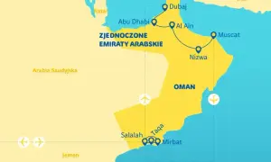 Mapa przedstawia trasę podróży przez Zjednoczone Emiraty Arabskie i państwo Oman, z zaznaczonymi miastami jak Dubaj, Maskat, Salalah.