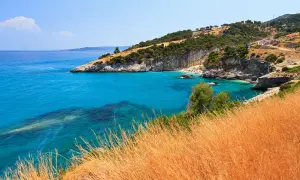 Słoneczna zatoka Tragaki Zakynthos z turkusową wodą, skalistymi klifami i złotą trawą na pierwszym planie.