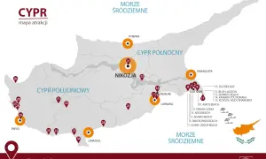 Mapa atrakcji Cypru, ukazująca jego geografię. Zaznaczone miasta: Nikozja, Pafos, Limassol, Kirenia, Famagusta.