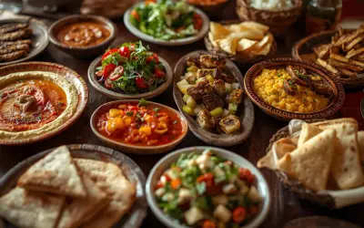 Bogaty stół z różnorodnymi **meze**: hummus, sałatki, pieczone warzywa, chleb i inne smakołyki.