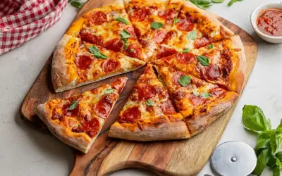 Pyszna pizza pepperoni z ciągnącym serem i świeżą bazylią, pokrojona na kawałki, czeka na desce.