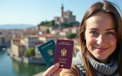 Uśmiechnięta kobieta trzyma paszporty na tle włoskiego miasta. Czy do Włoch potrzebny jest paszport? Tak, jeśli podróżujesz spoza strefy Schengen.