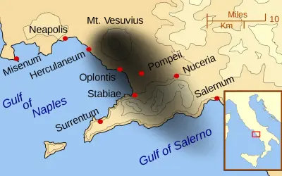 Mapa okolic Wezuwiusza, pokazująca Pompeje i inne miasta. Idealna do planowania zwiedzania!