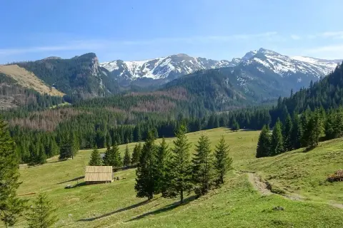 Piękne **zakopane góry** z ośnieżonymi szczytami, zielonymi dolinami i lasami. W oddali widać drewniany szałas.