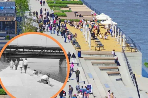 Dawne i współczesne schodki nad Wisłą w Warszawie. Ludzie spacerują i odpoczywają na bulwarach.