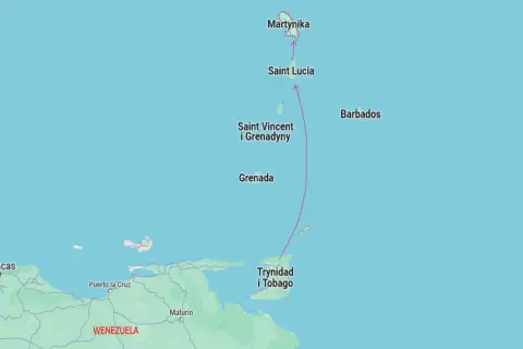 Mapa Karaibów z zaznaczoną trasą żeglugową. Widoczna Martynika, Saint Lucia, Grenada, Trynidad i Tobago oraz wybrzeże Wenezueli.