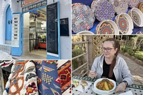 Menu z cenami w Maroku, kolorowe talerze, dywany i kobieta jedząca tadżin.