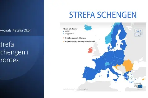 Mapa Europy z zaznaczoną strefą Schengen. Lista państw członkowskich i kandydujących.