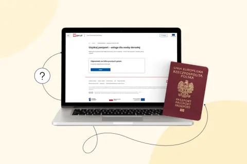Czy do Grecji potrzebny jest paszport? Na laptopie widać stronę gov.pl z informacją o uzyskaniu paszportu, obok leży polski paszport.