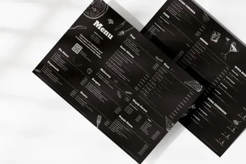 Menu z czarnym tłem, prezentujące ofertę a la carte. Widoczne sekcje: Zupy, Dania Główne, Makaron, Burgery, Desery, Napoje Gorące, Napoje Zimne, Pizza, Piwo, Drink, Wina.