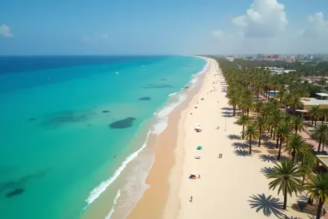Słoneczna plaża z palmami i turkusowym morzem w Tunezji.