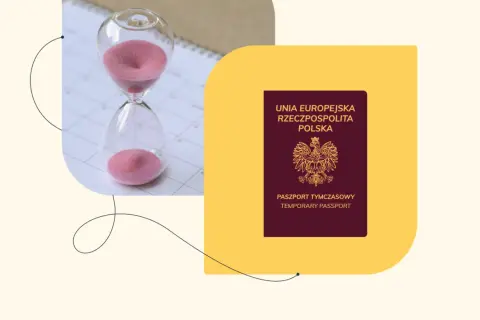 Kiedy zastanawiasz się, ile kosztuje paszport tymczasowy, widzisz klepsydrę i polski paszport.