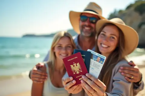 Rodzina na plaży trzyma paszporty. Czy do Hiszpanii potrzebny jest paszport? Tak, jeśli podróżujesz spoza strefy Schengen.