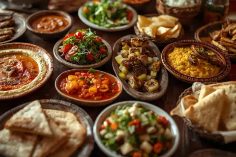 Bogaty stół z różnorodnymi **meze**: hummus, sałatki, pieczone warzywa, chleb i inne smakołyki.