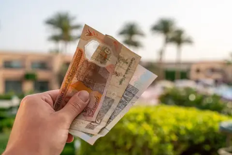 Dłoń trzyma banknoty funta egipskiego. Czy to lepsza opcja niż dolary czy euro na wakacjach w Egipcie?