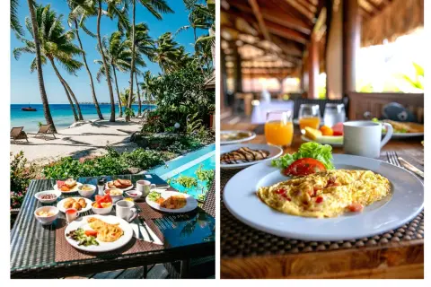 Rajskie śniadanie z widokiem na plażę i ocean. Idealne na bora-bora loty.
