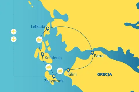 Mapa Grecji z zaznaczonymi wyspami Eptanisa: Lefkada, Kefalonia, Zakynthos, Kilini i Patra.