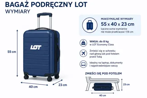 Granatowy bagaż podręczny LOT o wymiarach 55x40x23 cm, idealny na laptop i dokumenty.