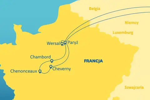 Mapa Francji z zaznaczonymi trasami do zamków nad Loarą: Wersal, Paryż, Chambord, Chenonceaux, Cheverny.