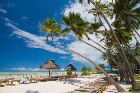 Rajska plaża na Zanzibarze z palmami i leżakami. Zastanawiasz się, ile się leci na Zanzibar? To podróż marzeń!