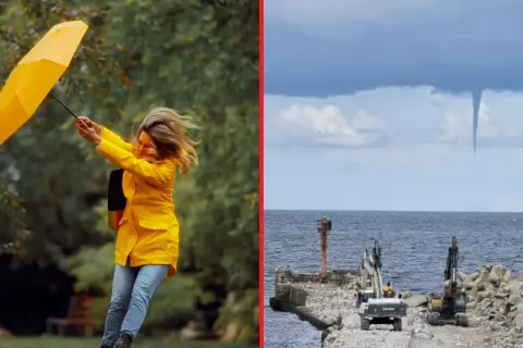 Silny wiatr nad morzem, z kobietą walczącą z parasolką i trąbą powietrzną na horyzoncie. To najbardziej wiarygodna pogoda nad morzem.